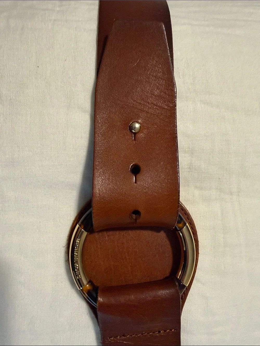 Michael Kors Brown Leather Belt with Gold and Tortoise Ring Buckle